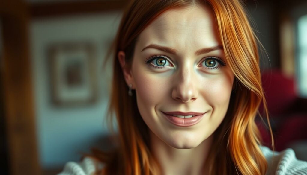 A stylish close-up portrait of Isla Fisher, captured in a casual, natural setting with a warm, inviting atmosphere. She is shown against a softly blurred background, her auburn hair framing her face and her hazel eyes conveying a subtle, playful expression. The lighting is soft and flattering, highlighting her delicate features and natural beauty. The overall mood is one of intimacy and casual charm, reflecting the intimate, personal nature of an Instagram post.