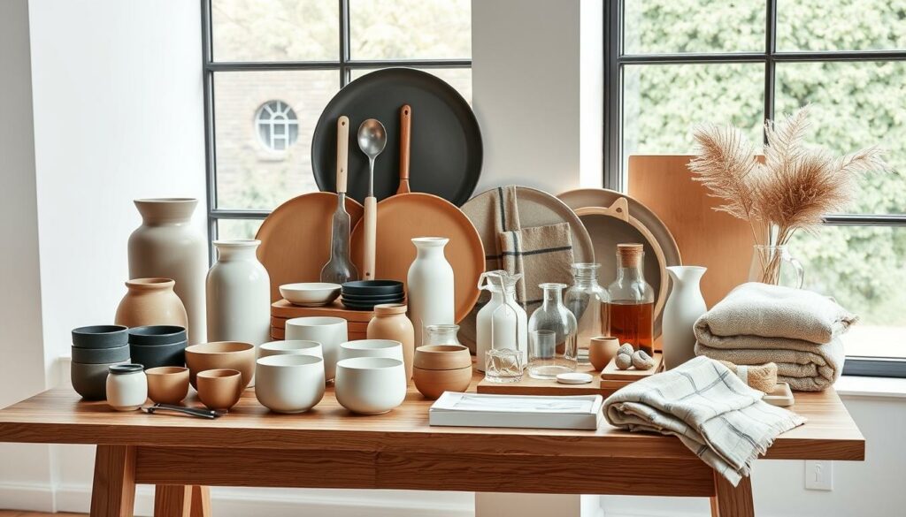 A stylish display of a diverse selection of premium Scandinavian consumer products, arranged with careful attention to design and craftsmanship. Neatly organized on a minimalist wooden table, the products include handcrafted ceramics, artisanal glassware, sleek kitchen utensils, and high-quality textiles in muted, earthy tones. Soft, natural lighting from a large window casts a warm glow, highlighting the tactile materials and elegant simplicity of the display. The overall atmosphere conveys a sense of Nordic sophistication, quality, and attention to detail.