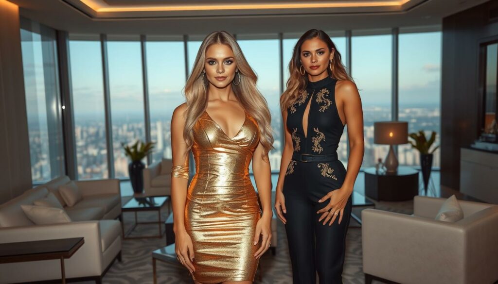 A stylish fashion shoot in a luxurious setting, featuring Davina Geiss and Shania Geiss posing confidently in high-end designer outfits. In the foreground, Davina wears a shimmering, form-fitting gold metallic dress, her long blonde hair cascading over her shoulders. Shania stands beside her, wearing a sleek black jumpsuit accentuated by intricate gold embellishments. The middle ground showcases a lavish, modern interior with sleek furniture, expansive windows, and carefully curated decor. In the background, a breathtaking cityscape unfolds, hinting at the high-society lifestyle of the Geiss family. Soft, warm lighting creates a glamorous, aspirational atmosphere, capturing the essence of this stylish Geiss fashion dynasty.