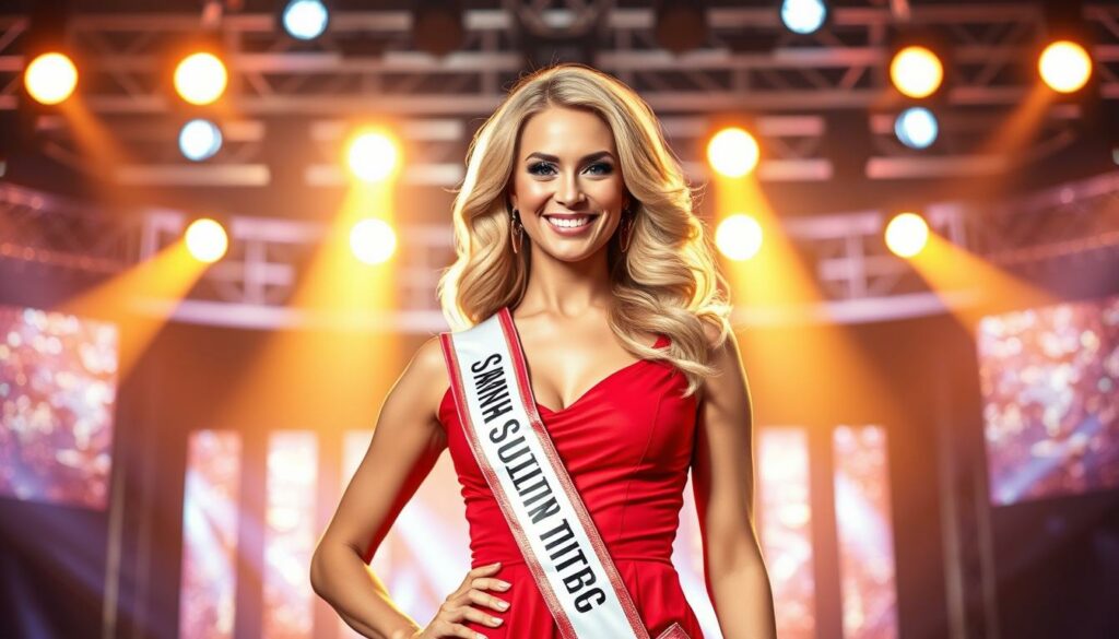 A stylish, glamorous woman in a vibrant red dress stands confidently on a stage, her blonde hair and radiant smile capturing the spotlight. Behind her, a backdrop of glittering lights and a sleek, modern design evokes the energy of a music or entertainment event. The lighting is warm and flattering, creating a sense of celebration and success. The overall scene conveys the woman's journey from pageant titleholder to media personality, now embracing her role as a "Ballermann-Queen" - a confident, charismatic public figure.