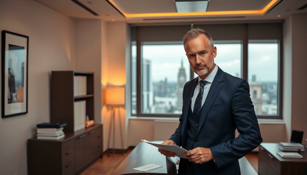 A stylish, middle-aged man in a sharp, navy blue suit stands confidently in a modern, well-appointed law office. Warm, directional lighting illuminates his face, highlighting his determined expression as he reviews documents on his desk. The minimalist decor features clean lines and subtle, muted tones, creating a professional, yet approachable atmosphere. In the background, a large window overlooks a bustling city skyline, symbolizing his transition from the glamorous world of modeling to the respected field of law. An air of authority and expertise emanates from the scene, capturing the essence of "Vom Model zum Anwalt: Jan Kralitschka's berufliche Veränderungen".