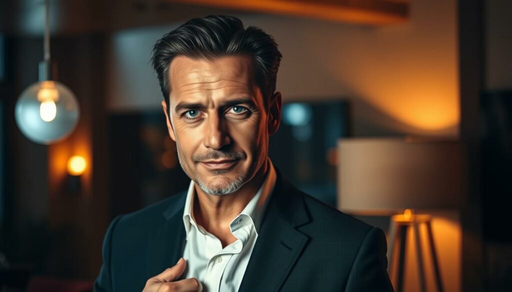 A stylish, middle-aged man with a charming, coy expression stands in a dimly lit, modern setting. The warm lighting from a nearby lamp casts a soft, flattering glow on his face, hinting at a subtle, mischievous air. His impeccably tailored suit and slicked-back hair suggest a sense of refinement and confidence. The background is slightly blurred, drawing the viewer's attention to the subject's captivating gaze, which seems to hint at the possibility of a new romantic entanglement. An air of intrigue and speculation surrounds the scene, capturing the essence of the "Flirt-Gerüchte" surrounding the man.