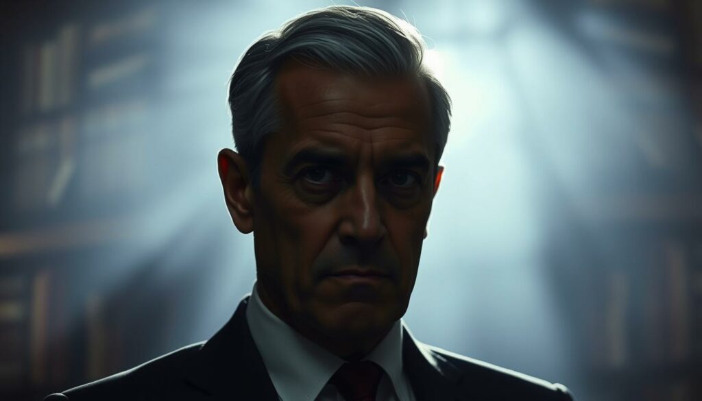 A stylish, middle-aged man with a serious expression stands in a dimly lit room, his face partially obscured by shadows. He wears a well-tailored suit, his graying hair neatly combed back, exuding an air of understated elegance. The background is hazy, with hints of bookshelves and subtle textures, creating a sense of mystery and introspection. The lighting is dramatic, casting sharp contrasts and highlights that accentuate the subject's features, capturing a pensive, contemplative mood. The overall composition conveys a sense of the subject's hidden depths and the quiet power of his presence.