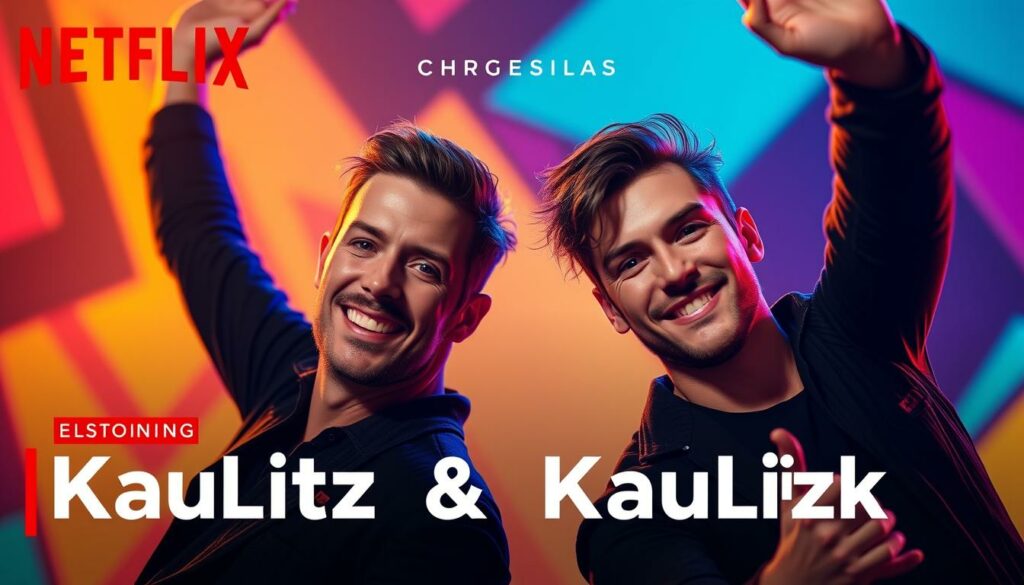 A stylish, vibrant Netflix original series poster showcasing the Kaulitz twins, Bill and Tom, in a dynamic, celebratory pose. The brothers are prominently featured in the foreground, their faces radiating charisma and confidence against a blurred, abstract background of vibrant colors and geometric shapes, symbolizing the series' success and popularity on the Netflix platform. Warm, dramatic lighting bathes the scene, creating a sense of energy and excitement. The composition is balanced and visually striking, with the Kaulitz twins commanding the viewer's attention. The overall aesthetic evokes a slick, contemporary design sensibility that reflects the high-profile nature of the "Kaulitz & Kaulitz" reality series and its chart-topping success on Netflix.