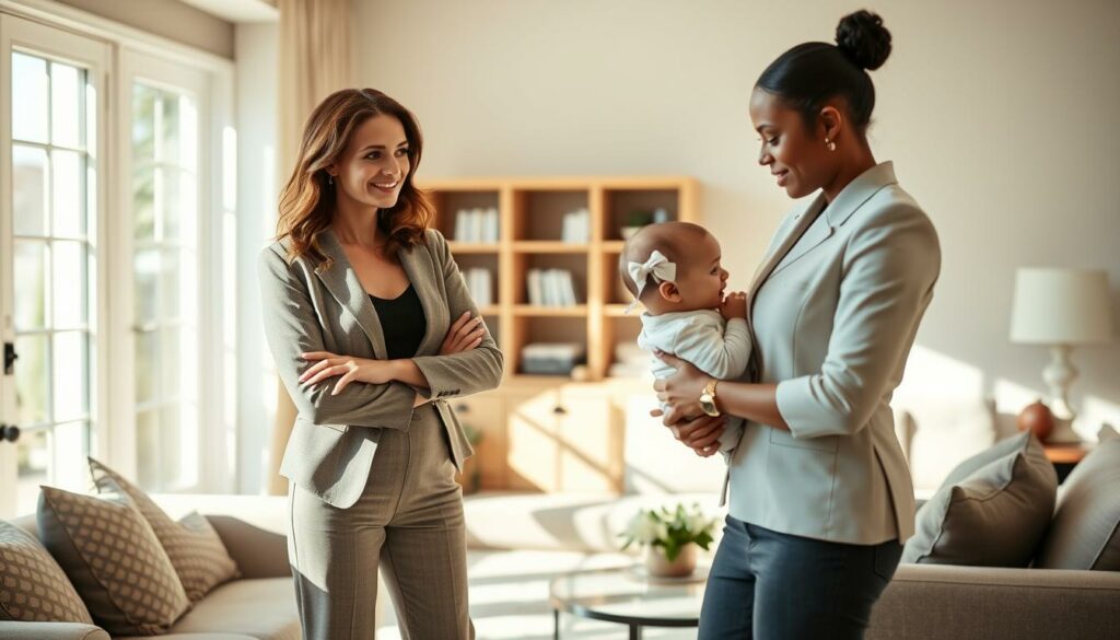 A stylish young mother, Jennifer Saro, stands in a well-appointed, sun-drenched living room, overseeing the care of her young son, Keksi. She exudes a warm, nurturing presence as she directs a professional nanny, dressed in a crisp, tailored uniform, who attentively tends to the child's needs. The room is decorated with tasteful, modern furnishings, and a large window fills the space with natural light, creating a serene and tranquil atmosphere. Jennifer's expression conveys a sense of organized and efficient parenting, showcasing her ability to balance her career and family life seamlessly.