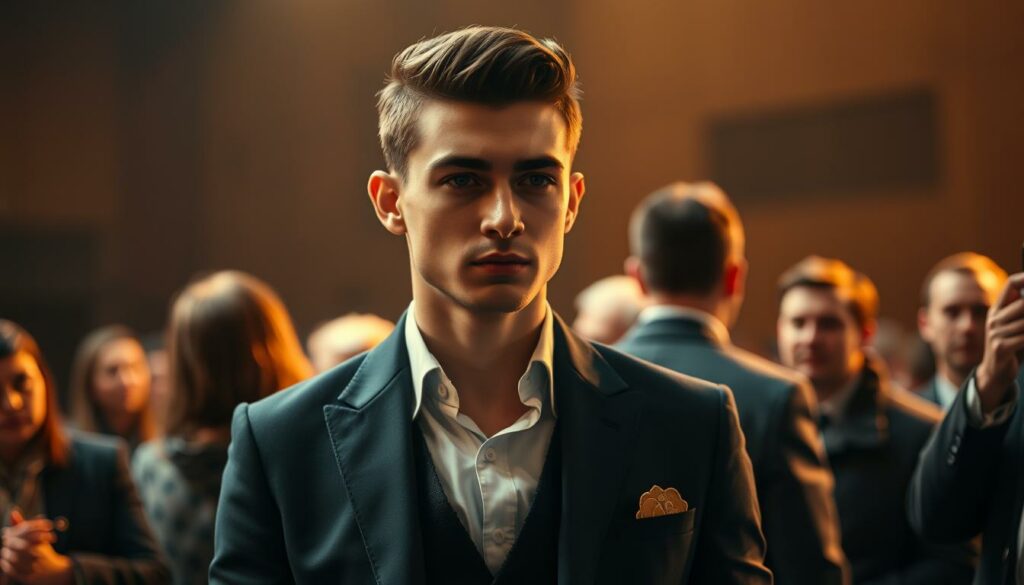 A stylishly dressed young man with a serious expression, Stefano Herren, stands confidently in the spotlight of a public event. The scene is captured with a cinematic, medium-wide angle lens, emphasizing his poise and composure. Warm, directional lighting accentuates his features, creating dramatic shadows and highlights that convey a sense of presence and gravitas. The background is slightly blurred, keeping the focus on Stefano as the central figure, suggesting his newfound prominence in the public eye following the recent tragic events. The overall atmosphere is one of contemplation and measured, controlled public persona, hinting at Stefano's navigation of his newfound visibility.