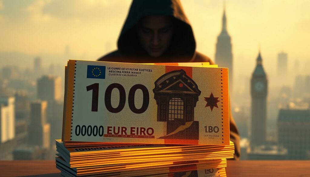 A stylized and realistic digital illustration depicting a stack of 100,000 Euro bills in the foreground, illuminated by warm, focused lighting. The bills are depicted with intricate details and textures, conveying a sense of wealth and financial success. In the middle ground, a shadowy figure stands behind the stack of bills, their face obscured, hinting at the private and potentially contentious nature of the financial gains. In the background, a blurred and hazy cityscape suggests the public nature of this financial achievement. The overall composition and mood evoke a sense of ambiguity, tension, and the complex interplay between personal and public matters.