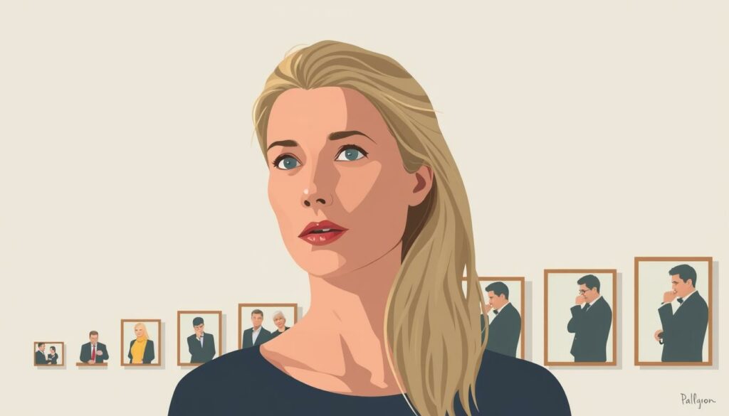 A stylized digital illustration showcasing the gradual development of Gwyneth Paltrow's public statements. In the foreground, a serene close-up portrait of Paltrow, her expression evolving from reserved to more open and introspective. In the middle ground, a series of framed interviews and public appearances, each panel slightly more revealing than the last, capturing the progression of her candor. The background features a minimalist, muted palette, with subtle visual cues alluding to the passage of time and the increasing transparency of her public persona. The overall tone is one of thoughtful contemplation, reflecting the nuanced unfolding of her public narrative.