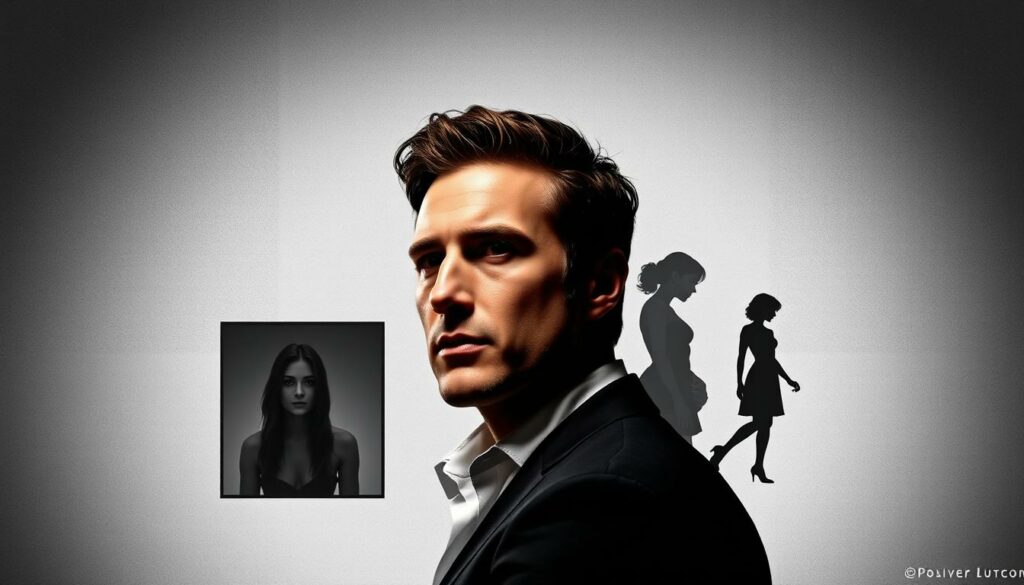 A stylized montage depicting Oliver Pocher's romantic history, set against a sophisticated, monochromatic backdrop. In the foreground, a portrait of Pocher gazes contemplatively, flanked by smaller vignettes showcasing his past relationships, from Jessica Schwarz to Amira Pocher. The middle ground features abstract silhouettes of these significant others, captured in graceful poses that hint at the emotional complexity of each union. The background is a muted, textured gradient, adding depth and a sense of timelessness to the composition. Lighting is soft and cinematic, casting subtle shadows that accentuate the subject's features and the narrative flow of the image. The overall tone is pensive, inviting the viewer to reflect on the highs and lows of Pocher's relational journey.