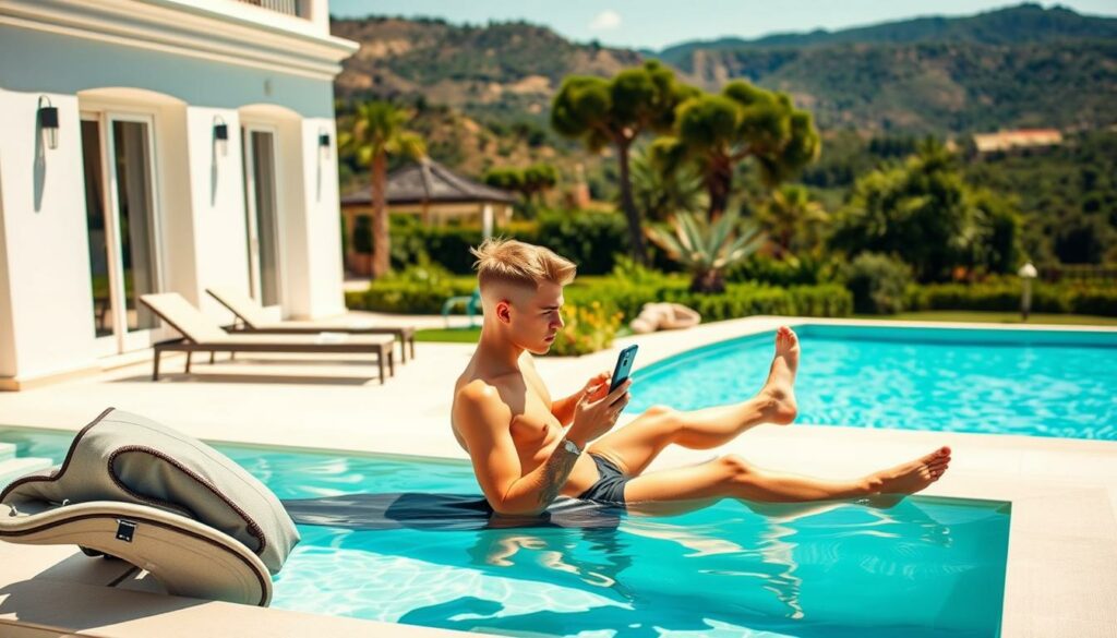 A sun-drenched Mallorcan villa, its crisp white walls reflecting the warm Mediterranean light. In the foreground, Justin Bieber lounges poolside, his toned physique on display as he gazes pensively at his smartphone, lost in a world of carefully curated Instagram posts. The middle ground reveals lush, verdant gardens and a shimmering azure pool, conveying a sense of luxurious seclusion. In the background, the rolling hills of Mallorca's scenic countryside stretch out, creating a picturesque backdrop for this celebrity's island getaway. The overall atmosphere is one of relaxation and escapism, hinting at a personal retreat from the public eye.