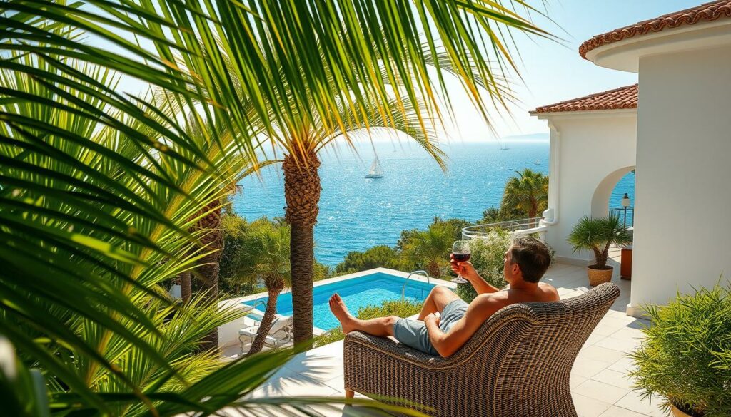 A sun-drenched Mediterranean villa nestled amidst lush, verdant palm trees, its terrace overlooking the sparkling azure waters of the Balearic Sea. In the foreground, a man lounges comfortably on a wicker chaise, sipping a glass of local wine and gazing out at the tranquil horizon. Soft, natural lighting filters through the palm fronds, casting a warm, golden glow over the scene. The villa's whitewashed walls and terracotta roof tiles evoke the quintessential Mallorcan aesthetic, while the distant silhouettes of sailboats dot the horizon, adding a sense of peaceful isolation. This idyllic, serene setting captures the essence of Sven Ottke's life on the island, a tranquil respite from the demands of his storied boxing career.