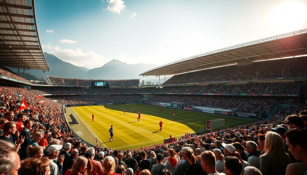A sun-drenched afternoon at St. Jakob-Park, the iconic football stadium in Basel, Switzerland. The lush green pitch is abuzz with the energy of a thrilling women's soccer final, as two teams of skilled athletes battle for the coveted trophy. In the foreground, the roar of the enthusiastic crowd fills the air, their flags and banners adding vibrant splashes of color to the scene. The middle ground captures the intense concentration on the players' faces as they weave through the defense, their movements fluid and graceful. In the background, the grand, modern architecture of the stadium stands as a testament to the grandeur of this international sporting event. The lighting is soft and natural, casting a warm, golden glow over the entire tableau, evoking a sense of excitement and triumph.
