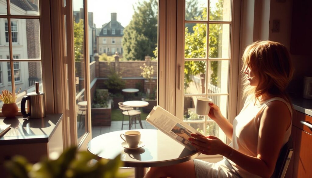A sunny morning in London, the city's iconic architecture framing the scene. In the foreground, Kelly Reilly sits at a small table, sipping coffee and reading the newspaper, her expression serene. The light filters in through the large windows, casting a warm glow on her face. In the middle ground, a well-appointed kitchen bustles with the familiar rituals of breakfast preparation - the clink of dishes, the aroma of freshly brewed tea. In the background, a view of a lush, private garden, hinting at the tranquility of Reilly's everyday life in the heart of the metropolis. The image conveys a sense of intimate, unhurried domestic bliss, a glimpse into the actress's relaxed, quintessentially British routine.