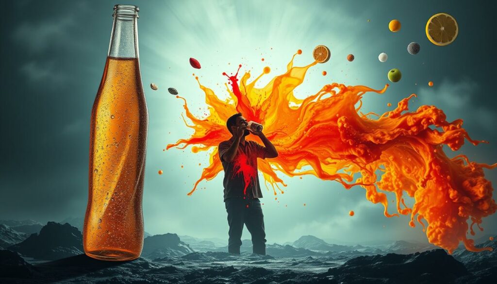 A surreal landscape depicting the effects of a recipe change. In the foreground, a towering glass bottle filled with a bubbling, effervescent liquid, its label distorted and morphing. Surrounding it, an abstract swirl of colors - reds, oranges, and yellows - like an explosion of flavor. In the middle ground, a shadowy silhouette of a person sipping from a glass, their expression one of bewilderment. The background is a hazy, dreamlike scene, with stylized representations of familiar soda ingredients - carbonation, citrus, and sugar - dancing across the frame. The lighting is dramatic, with sharp contrasts and a sense of energy and movement, hinting at the profound impact of the recipe change. The overall tone is one of surreal, unsettling transformation.