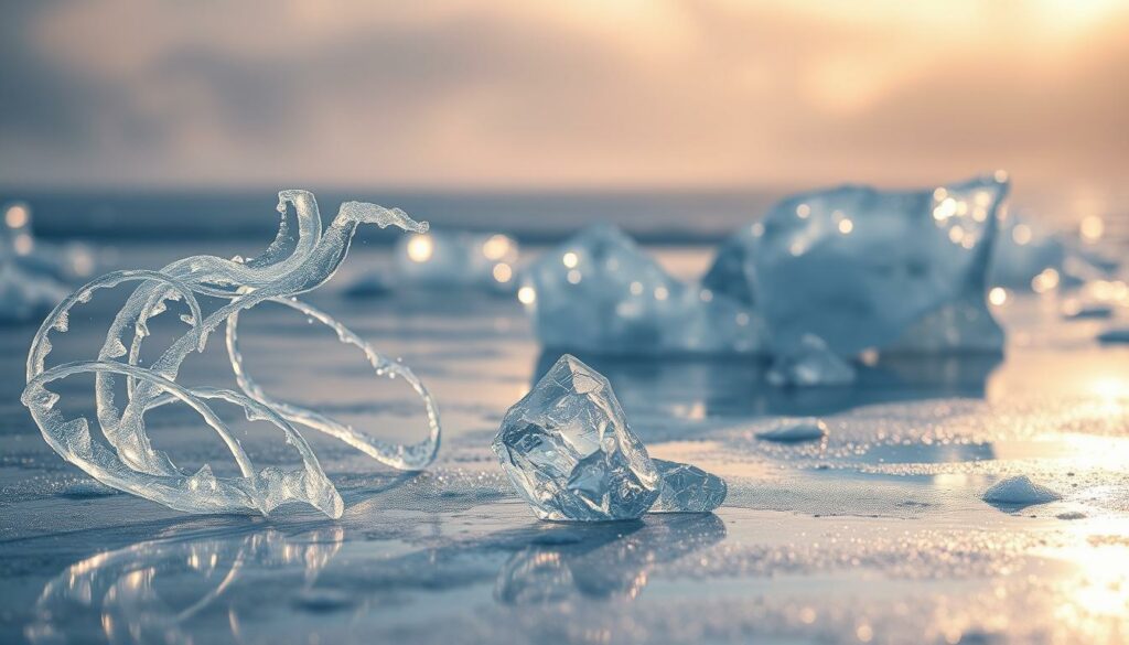 A swirling, mesmerizing dance of luminous ice crystals, shimmering under a soft, ethereal spotlight. The foreground features intricate, frost-like patterns that seem to flow and twirl, casting delicate shadows across a sleek, mirrored surface. In the middle ground, larger shards of ice emerge, their edges glinting with an icy brilliance, as if frozen in a moment of graceful movement. The background fades into a hazy, atmospheric realm, hinting at the boundless, otherworldly nature of this icy spectacle. The overall mood is one of enchantment, elegance, and a sense of the ephemeral beauty of the natural world.