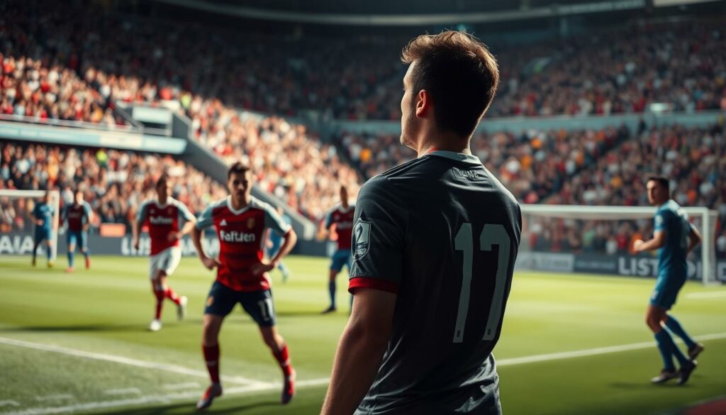 A tactically intense soccer match, with players in national jerseys clashing on the pitch. The camera captures the decisive moment as a substitute player enters the game, their face determined as they prepare to make a game-changing tactical substitution. The lighting is dramatic, casting shadows across the scene, heightening the tension. The crowd in the stadium stands are a blur of color and energy, their cheers and anticipation palpable. The image conveys the high stakes and crucial nature of the tactical decision, which could determine the outcome of the match.