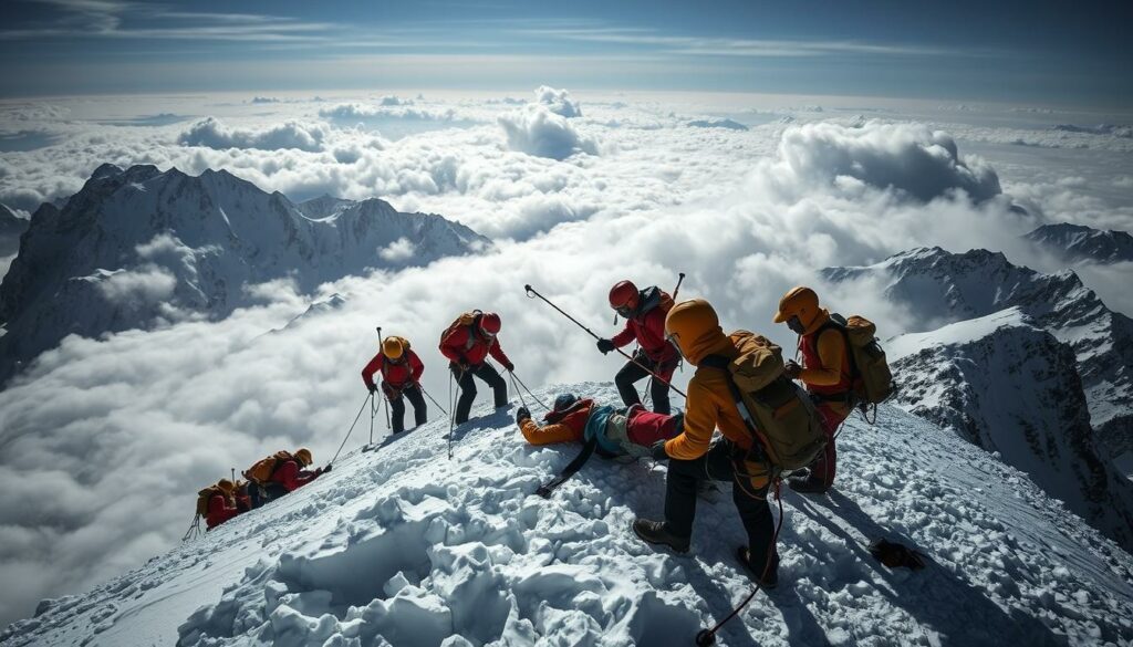 A team of experienced mountain rescue climbers scaling a treacherous, snow-covered peak in the Karakoram range, battling fierce winds and bitter cold. In the foreground, a daring stretcher extraction operation is underway, as the rescuers work tirelessly to evacuate an injured mountaineer. The midground reveals a tense, concentrated effort, with ropes, harnesses, and rescue equipment in use. In the distant background, the rugged, jagged Karakoram mountains loom, their majestic peaks cutting through the dense cloud cover. Dramatic lighting casts long shadows, heightening the sense of urgency and the life-or-death struggle unfolding. The overall mood is one of desperate determination, as the rescuers risk everything to save a fallen comrade.
