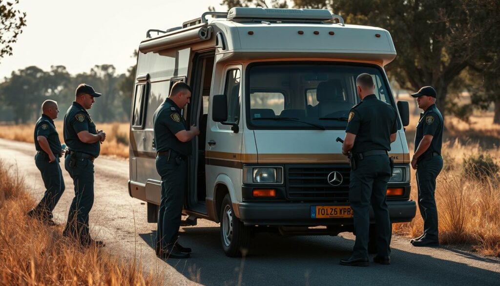A team of serious-faced police officers thoroughly inspecting a medium-sized camper van parked on a deserted rural road, surrounded by tall grass and trees. The officers are examining the interior and exterior of the vehicle with a careful, methodical approach, searching for any evidence or clues. Diffused sunlight filters through the trees, casting a warm, documentary-style lighting on the scene. The overall mood is one of focused investigation, as the police work to uncover the truth behind this incident.