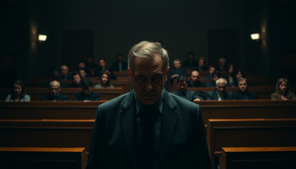 A tense courtroom scene, dimly lit with muted tones. At the center, Marc Terenzi stands before the judge, his expression grave and weary. The air is thick with anticipation as the proceedings unfold, casting shadows across his face. In the background, rows of wooden benches hold a solemn audience, their faces obscured, creating a sense of detachment. The composition emphasizes the isolation and weight of the moment, the spotlight on Terenzi as he navigates this pivotal chapter in his life. The scene evokes a palpable atmosphere of legal drama and personal turmoil, capturing the essence of the "Gerichtsprozess" and the "toxische Beziehung" that shaped this pivotal moment.
