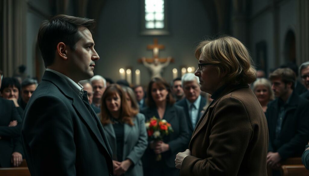 A tense family gathering at a solemn funeral service. In the foreground, Willi Herren's son Stefano stands, his expression conflicted, as he faces his stepmother Jasmin Herren, their stances and body language conveying an unresolved, emotional confrontation. The middle ground is filled with other family members, their faces etched with grief and unease, caught in the midst of this familial drama. The background is a dimly lit church interior, the sombre, muted tones and soft, diffused lighting evoking the weight of the occasion. An air of melancholy and simmering tensions permeates the scene, reflecting the "Familienkonflikte nach Willi Herrens Tod".