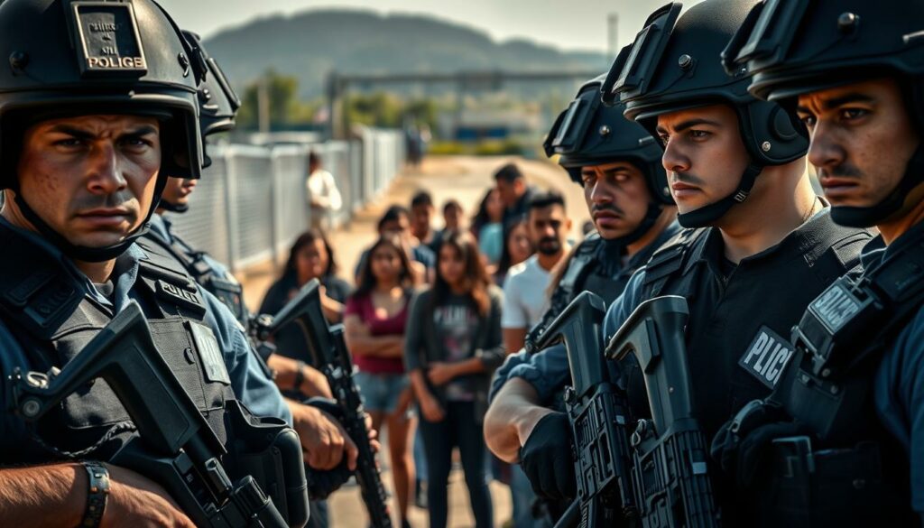 A tense scene at the border, with police officers in full tactical gear standing guard. The foreground is dominated by the intense gaze and rigid posture of the officers, their weapons at the ready. In the middle ground, a group of civilians watch on, faces etched with concern. The background is a blurred landscape of fences, barricades, and the looming presence of the border crossing. The lighting is harsh, creating sharp shadows and a sense of urgency. The overall atmosphere is one of conflict and unease, conveying the gravity and consequences of the situation.