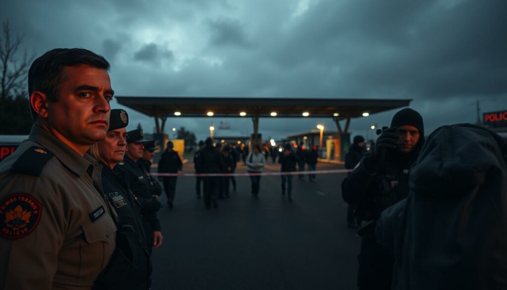 A tense scene unfolds at the border, with a heavy police presence. In the foreground, uniformed officers stand alert, their faces etched with seriousness. The middle ground reveals a cordon, separating the public from the incident. Beyond, the backdrop showcases the border crossing, its architecture casting long shadows under a moody, overcast sky. The lighting is dramatic, creating a palpable sense of urgency and gravity. The camera angle is low, lending a sense of authority and control to the authorities. The overall mood is one of heightened security, a response to a critical situation unfolding at the boundary between nations.