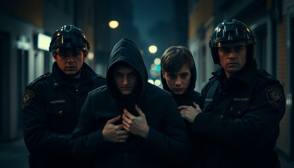 A tense, somber scene unfolds in the dimly lit streets of Meiningen. Two young suspects, their faces obscured by shadows, are being apprehended by a team of stern-faced police officers. The officers, clad in dark uniforms, grip their suspects firmly, conveying a sense of urgency and determination. The background is blurred, highlighting the central focus on the arrests. Muted colors and a subtle use of chiaroscuro lighting create an atmosphere of gravity and unease, mirroring the gravity of the situation. The overall composition suggests a moment of high drama, capturing the weight of the allegations against the two teenagers.