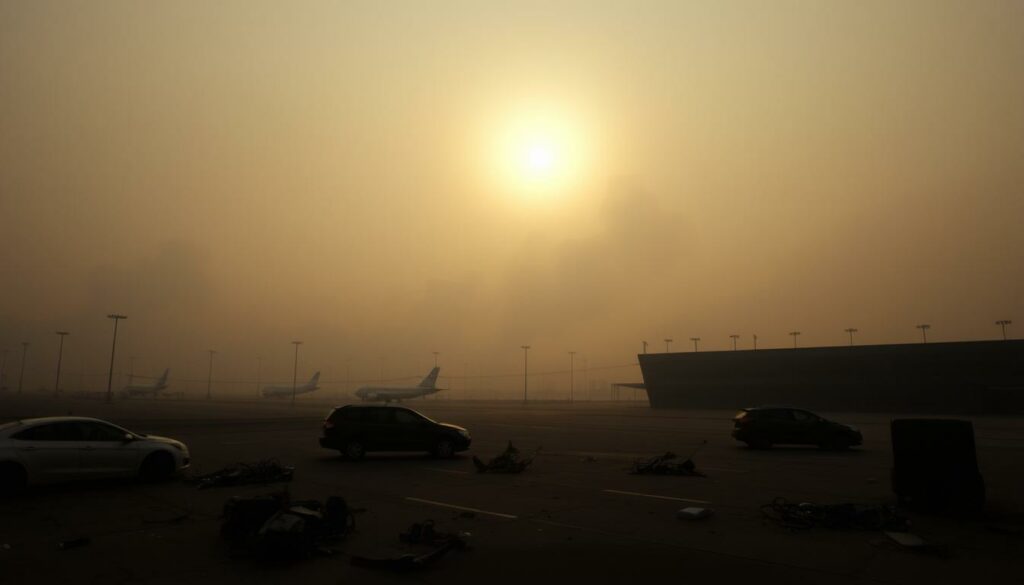 A thick haze of smoke shrouds the airport, casting an eerie, apocalyptic atmosphere. In the foreground, abandoned vehicles and debris litter the tarmac, while in the distance, the silhouettes of towering smoke plumes indicate the raging wildfire's proximity. The sky is a muted, ashen canvas, with the sun barely visible, its light diffused and weakened. The once-bustling terminal stands empty, its glass facades opaque with soot, symbolizing the disruption and chaos inflicted upon the community. A sense of unease and uncertainty pervades the scene, reflecting the substantial impact on the local infrastructure and population.