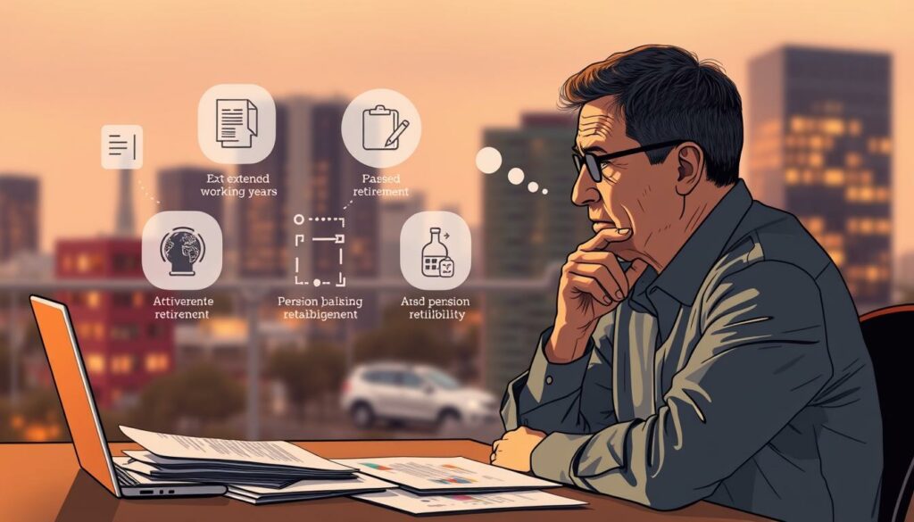 A thoughtful, contemplative illustration of the "Aktivrente Konzept" policy proposal. In the foreground, a middle-aged person sitting at a desk, deep in consideration, with documents and a laptop representing the complexities of retirement planning. The midground features stylized icons and infographic elements depicting the key aspects of the "Aktivrente" concept - extended working years, phased retirement, and pension flexibility. In the background, a softly blurred cityscape with modern office buildings, conveying the broader societal and economic context. Warm, muted lighting sets a pensive, pragmatic mood, while a shallow depth of field focuses attention on the central contemplative figure. The overall composition suggests the seriousness and gravity of the policy debate around raising the retirement age.