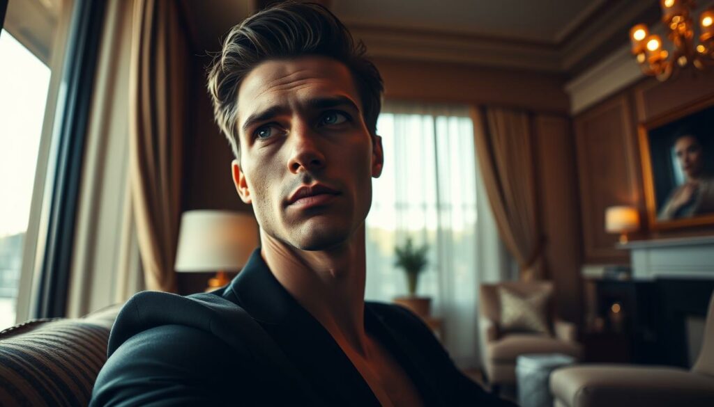 A thoughtful, contemplative portrait of Bachelor contestant Felix Steins, set against the elegant backdrop of a luxury hotel suite. Soft, warm lighting illuminates his pensive expression as he gazes out a large window, lost in consideration. The sumptuous furnishings and plush fabrics of the room create an atmosphere of refined introspection, mirroring Felix's inward focus. A sense of melancholy and unease permeates the scene, hinting at the difficult decision he must soon make. The camera's perspective is low, angled upwards to convey Felix's introspective state of mind, the frame tightly cropped to emphasize the intensity of his thoughtful contemplation.