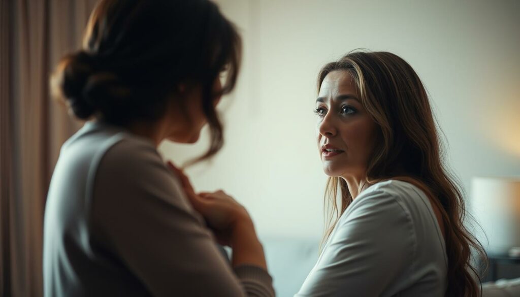 A thoughtful mother-daughter dialogue, captured in a warm, intimate setting. The foreground depicts a tender embrace, the daughter's face reflecting a mix of apprehension and trust as she listens intently to her mother's reassuring words. The middle ground showcases their expressive body language, conveying the emotional weight of the conversation. The background is softly blurred, creating a sense of privacy and focus on the individuals. Soft, diffused lighting illuminates their features, lending a sense of understanding and vulnerability. The overall atmosphere is one of care, empathy, and the unbreakable bond between a mother and her child.