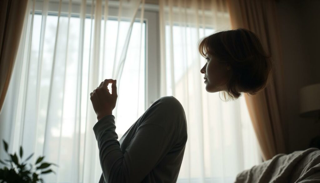 A thoughtful, private woman in a serene home setting, gazing wistfully out a large window, contemplating her desire for a family. Soft, natural lighting filters through sheer curtains, casting a warm, introspective glow. The scene evokes a sense of longing and a yearning for connection, while respecting the subject's right to privacy. The composition balances the foreground figure with a blurred, domestic background, creating an intimate, introspective mood. Subtle details, like a half-finished cup of tea or a cozy throw blanket, suggest a life of quiet reflection. This image aims to sensitively capture the complex emotions surrounding Greta's personal journey with family and motherhood.