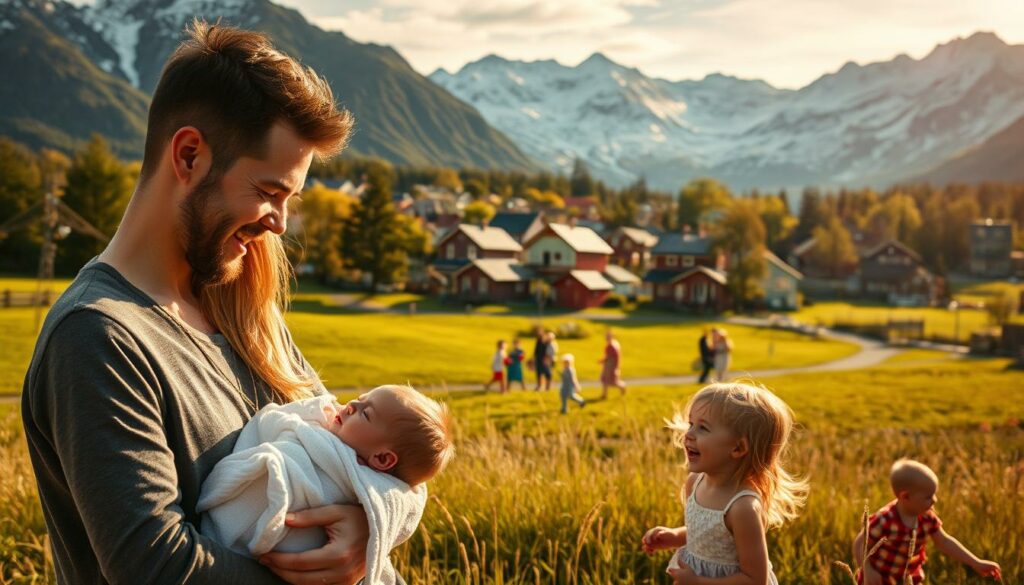 A thriving village nestled in the heart of Norway's rugged landscape, Lebesby is experiencing a surge in its birth rate. In the foreground, a young family gathers around a newborn, their faces beaming with joy and pride. In the middle ground, children of all ages frolic in a lush, verdant park, their laughter echoing through the crisp, clear air. In the background, the town's quaint, colorful houses stand as a testament to the community's vibrant spirit, framed by the majestic snow-capped mountains that rise up in the distance. Warm, golden sunlight bathes the scene, creating a sense of boundless optimism and possibility. This is a place where life is celebrated, and the future holds limitless potential.