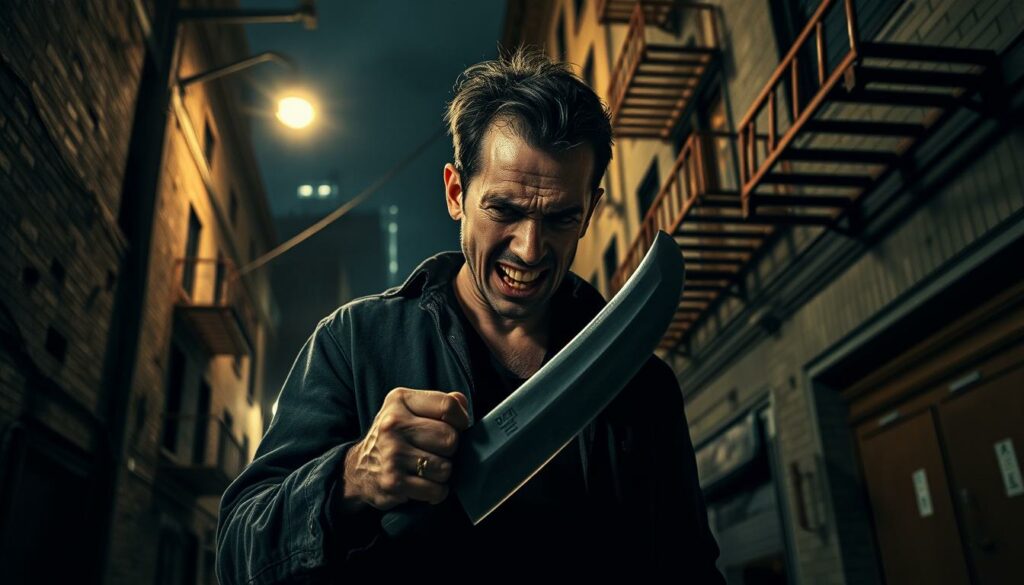 A tormented man, his face contorted with anguish, stands in a dimly lit alley, a machete gripped tightly in his trembling hand. The shadows cast by the flickering streetlights create a sense of unease, hinting at the darker forces that have driven him to this moment. In the background, the urban landscape looms, a maze of crumbling buildings and rusted fire escapes, reflecting the fractured state of his mind. The lens captures the scene with a sense of tension and foreboding, drawing the viewer into the depths of this man's desperate act and the underlying motivations that have led him here.