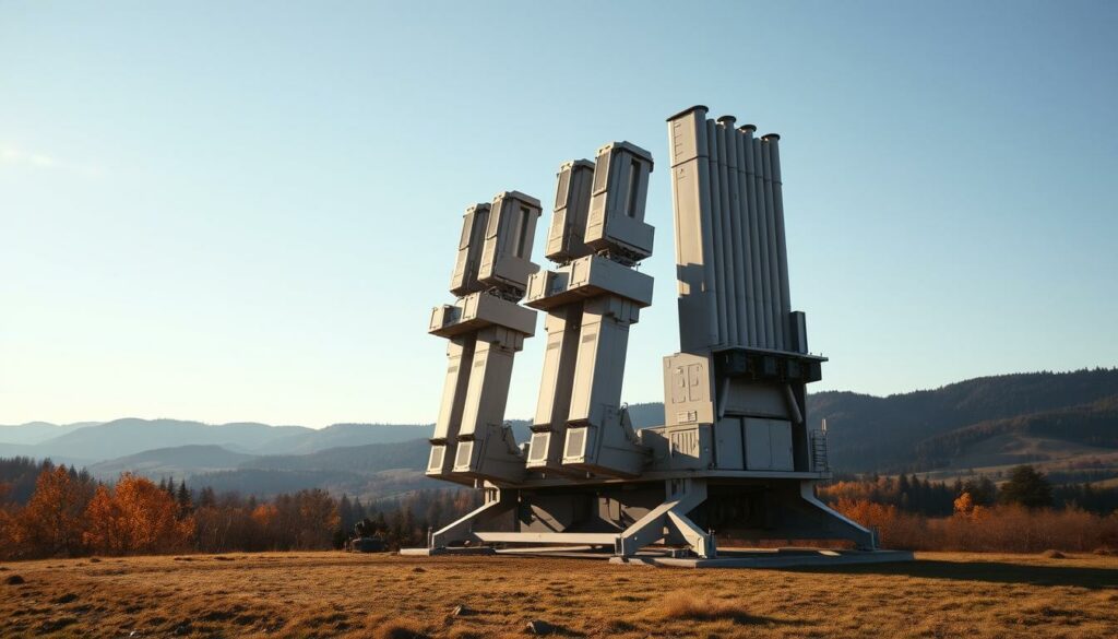 A towering Patriot surface-to-air missile system stands proud, its sleek white and gray frame gleaming in the crisp autumn sunlight. Four missile launchers are poised, ready to defend against aerial threats. In the background, a landscape of rolling hills and distant forests sets the scene, hinting at the system's strategic placement. The mood is one of strength, vigilance and technological superiority - a visual embodiment of America's commitment to protecting its allies. The camera angle emphasizes the system's formidable size and power, shot from a low perspective to convey its imposing presence. Shadows cast by the missiles add depth and drama to the composition, while subtle lens flare effects heighten the sense of gravitas.