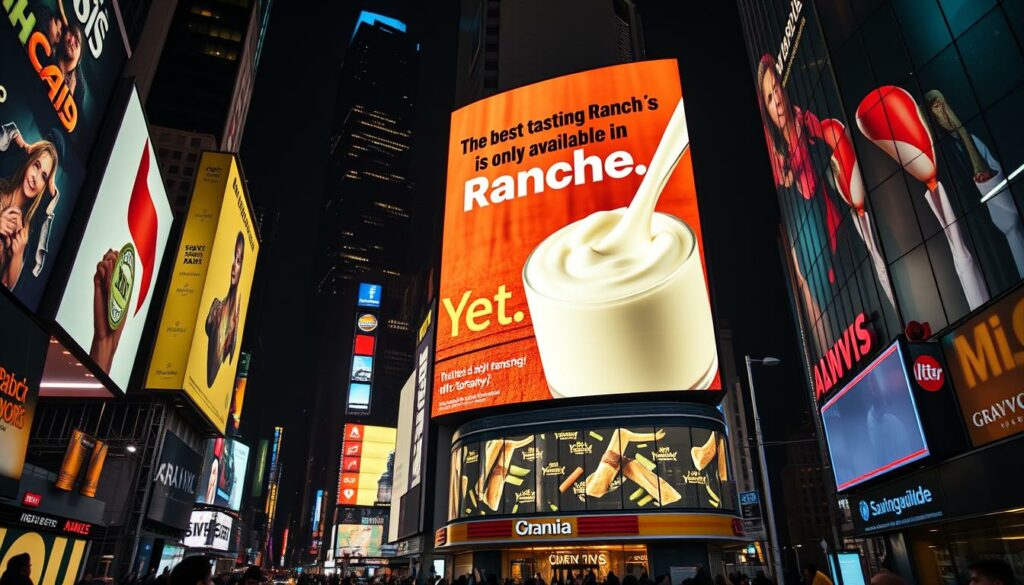A towering billboard in the heart of Times Square, New York, illuminating the night sky. The massive digital display showcases a vibrant, mouthwatering image of a fresh, creamy ranch dressing, accompanied by the bold declaration "The best-tasting Ranch is only available in Germany. Yet." The scene is captured with a cinematic, wide-angle lens, emphasizing the grand scale and the neon-lit, bustling energy of the iconic urban landscape. Crisp, dramatic lighting casts sharp shadows, creating a sense of depth and drama. The overall atmosphere is one of excitement, anticipation, and the promise of a unique culinary experience that transcends borders.