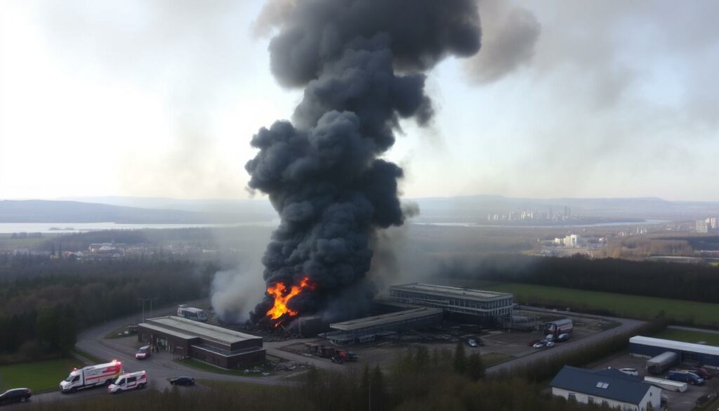 A towering plume of dark, billowing smoke rises from the industrial complex in Kreuzlingen, casting an ominous shadow across the surrounding landscape. In the foreground, emergency vehicles and personnel rush to the scene, their flashing lights cutting through the haze. The middle ground reveals the damaged structures, flames licking at the walls as firefighters work tirelessly to bring the blaze under control. In the background, the city of Konstanz looms, its skyline partially obscured by the dense smoke. The scene conveys a sense of urgency and the gravity of the situation, with the focus on the immediate crisis and the ongoing efforts to mitigate the disaster.