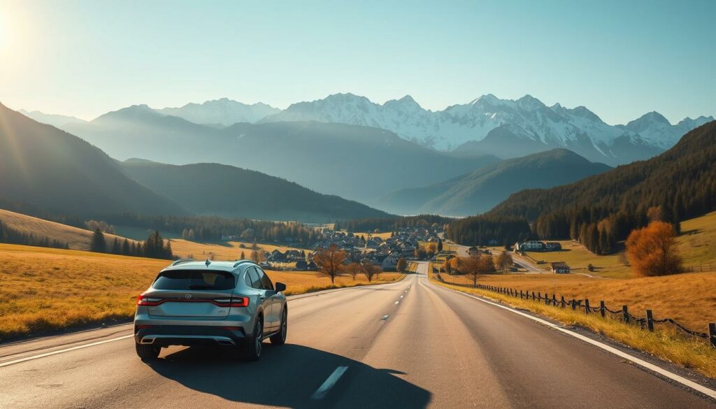 A tranquil, open road winds through a picturesque Swiss landscape, flanked by rolling hills and snow-capped peaks. In the foreground, a modern, sleek automobile glides effortlessly along the tarmac, its chrome accents gleaming under the warm, golden light of the sun. The middle ground is dotted with lush, verdant forests, interspersed with charming alpine villages and their quaint, traditional architecture. In the distance, the majestic silhouettes of the iconic Swiss Alps rise majestically, casting long, dramatic shadows across the scene. The overall atmosphere is one of serenity, efficiency, and the serene grandeur of the Swiss countryside, perfectly encapsulating the essence of "Voraussetzungen für die direkte Durchfuhr".