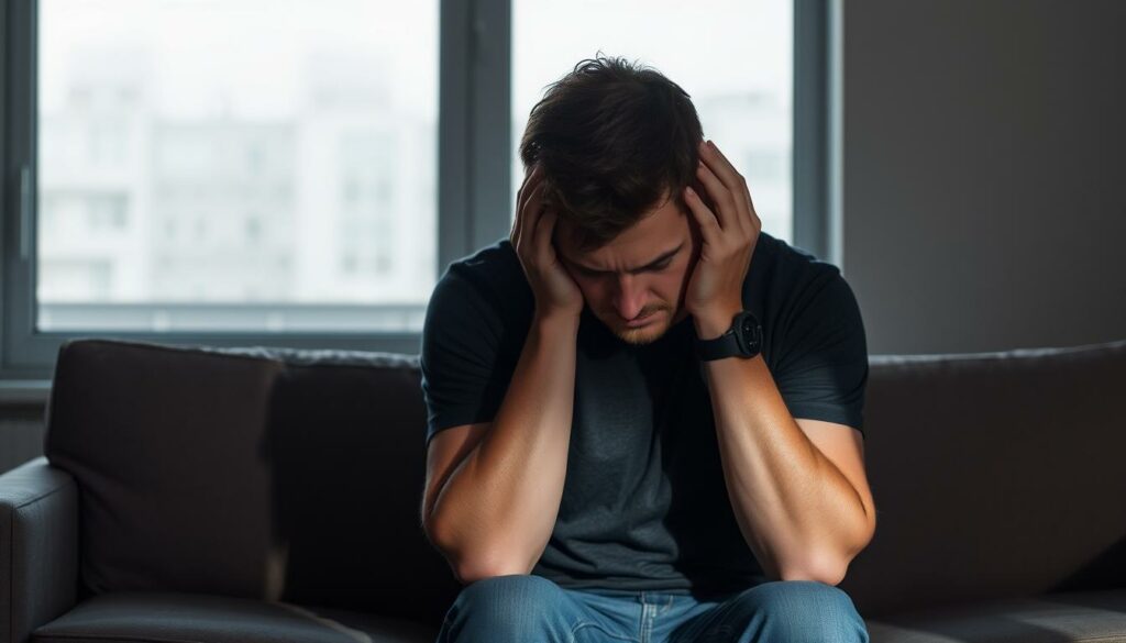 A troubled man sitting on a therapy couch, head in his hands, eyes downcast. Muted lighting casts shadows across his weary face, conveying a sense of emotional turmoil. The couch is positioned in a simple, minimalist room, with a large window in the background providing a hazy, out-of-focus view. The overall tone is somber and introspective, reflecting the subject's inner struggle with addiction and mental health challenges.