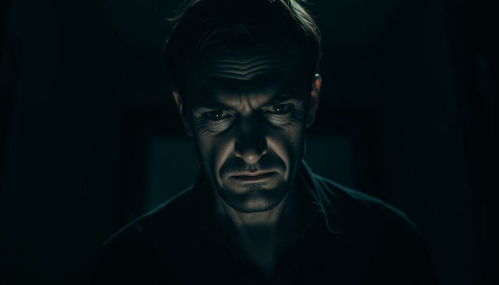 A troubled, unkempt man with a haunted gaze stands in a dimly lit room, his expression conveying a sense of unease and desperation. Shadows cast across his face, obscuring his features and hinting at the dark thoughts that plague his mind. The scene is rendered in a moody, chiaroscuro style, with stark contrasts between light and shadow, evoking a sense of unease and psychological tension. The angle is slightly low, giving the viewer a sense of the subject's imposing presence and the weight of his troubled psyche. The overall atmosphere is one of raw emotion and underlying danger, reflecting the complex and unsettling nature of the "psychisch auffälliger Täter" at the heart of the narrative.
