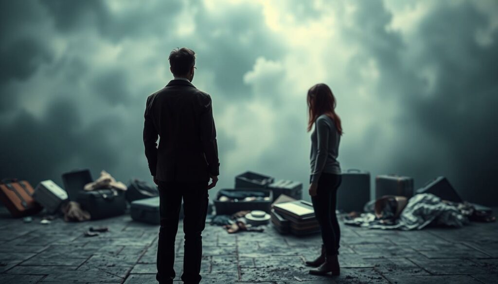 A turbulent relationship backdrop, a stormy, dramatic scene. In the foreground, two figures stand apart, bodies turned away, expressions pained. Muted colors, shadows casting a somber mood. In the middle ground, the remnants of a once-shared life - scattered mementos, half-packed suitcases, a tattered photograph. The background blurs, hazy and uncertain, reflecting the upheaval of this separation. Dramatic lighting, dramatic angles, capturing the weight and emotion of this "Trennung Yeliz Koc und Partner". A visually striking illustration of a "Turbulente Beziehungsgeschichte".