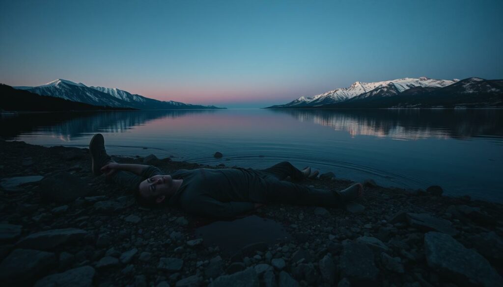 A twilight landscape at Lake Tahoe, with a serene, still surface reflecting the majestic, snow-capped peaks of the Sierra Nevada mountains. In the foreground, the lifeless body of a man lies on the rocky shore, surrounded by a small pool of blood. The scene is captured through a cinematic, wide-angle lens, conveying a sense of isolation and foreboding. Dramatic, low-angle lighting casts long shadows, emphasizing the dramatic nature of the crime. The mood is somber and unsettling, hinting at the tragic events that have unfolded in this picturesque, yet remote, location.