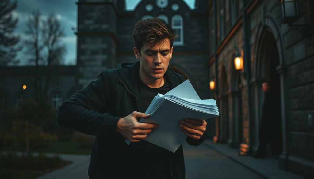 A university campus at dusk, with a student rushing out of an exam hall, a stack of papers clutched in his hand. Beads of sweat on his brow, a guilty expression on his face. In the background, a shadowy figure lurks, watching the scene unfold. Dramatic chiaroscuro lighting emphasizes the tense atmosphere, the student's actions cast in an ominous light. The architecture is grand, with Gothic-inspired arches and weathered stone, adding a sense of history and gravitas to the scene. A moody, cinematic composition that captures the essence of a "Abitur Schwindel Strategie" - a desperate attempt to cheat on a high-stakes exam, and the potential consequences that loom.