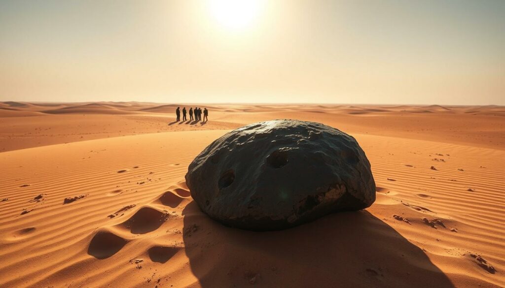 A vast, arid desert landscape, the Sahara stretches out under a blazing sun. In the foreground, a majestic 25-kilogram meteorite, the NWA 16788, rests on the golden sand. Its surface bears the scars of its fiery passage through the atmosphere, a testament to its extraterrestrial origins. The meteorite's dark, pitted exterior contrasts with the surrounding dunes, casting long shadows that add depth and dimension to the scene. In the middle ground, a small expedition team examines the fallen visitor from Mars, their silhouettes providing a sense of scale. The background fades into a hazy horizon, the sky a stunning gradient of blues and whites, hinting at the meteorite's long journey from the red planet to this remote desert location.