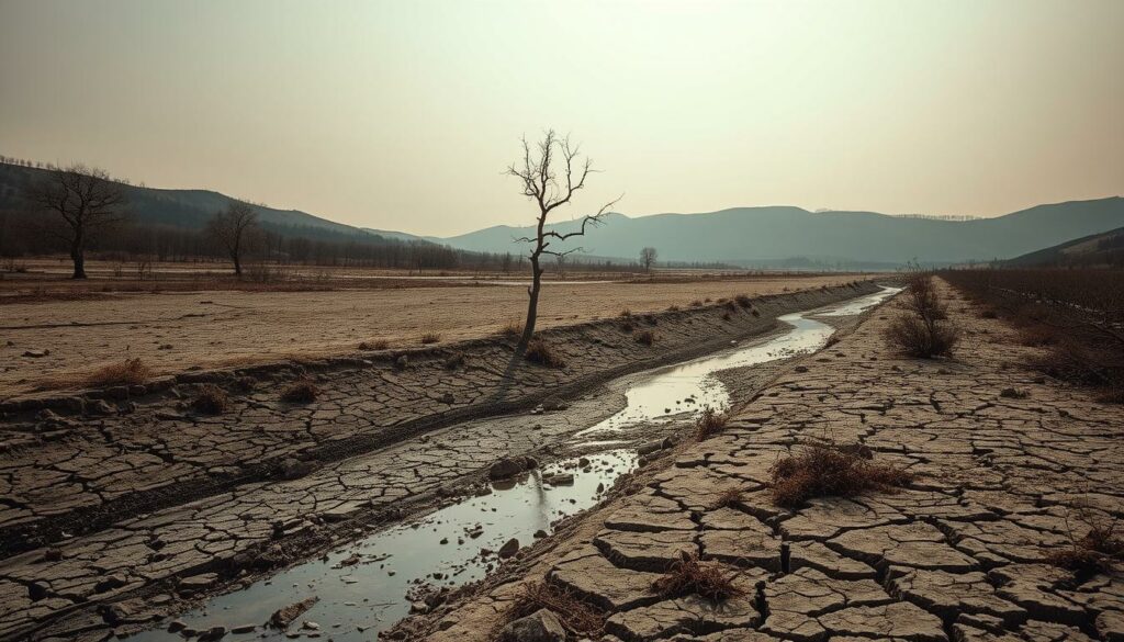 A vast, arid landscape of cracked earth and parched vegetation, under a heavy, hazy sky. In the foreground, a dried-up riverbed snakes through the scene, its banks lined with crumbling rocks and desiccated vegetation. In the middle ground, a lone, withered tree stands as a stark testament to the unforgiving conditions. The background is dominated by rolling hills, their slopes barren and devoid of life. Diffused sunlight filters through the hazy atmosphere, casting a muted, melancholic tone over the entire scene. The overall impression is one of a profound environmental crisis, a haunting representation of the causes behind the historic low water levels of the Elbe river.
