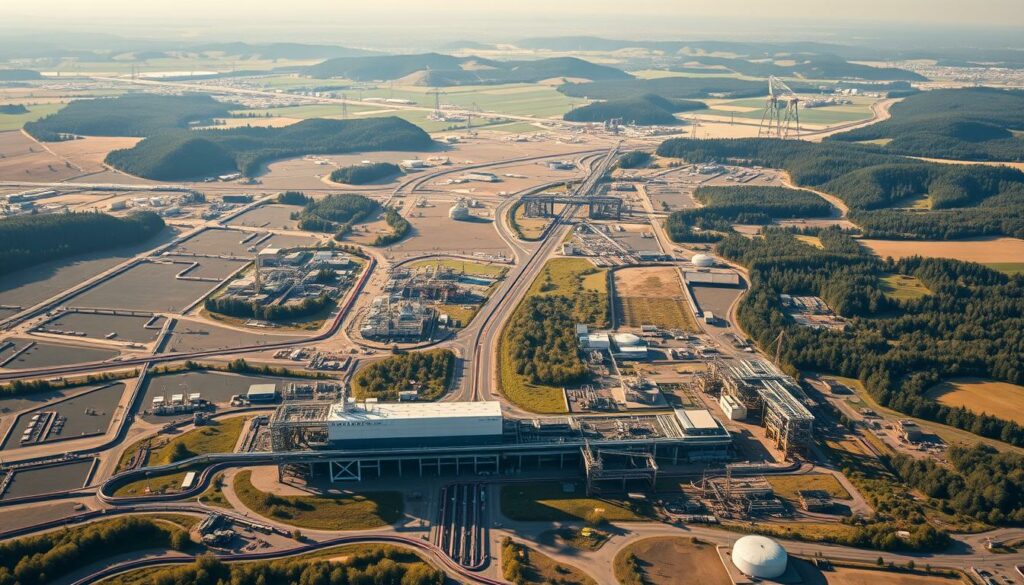 A vast, interconnected network of pipelines, storage facilities, and distribution hubs crisscrossing the European landscape, depicting the intricate web of natural gas infrastructure. In the foreground, a towering LNG terminal stands sentinel, its sleek, modern design a testament to the continent's efforts to diversify its energy sources. In the middle ground, a series of offshore platforms dot the horizon, extracting gas from the depths of the sea. The background is a panorama of rolling hills and lush forests, hinting at the geopolitical tensions that underlie this critical aspect of European energy security. The scene is bathed in a warm, golden light, conveying a sense of both industrious vitality and the gravity of the situation. Lens: wide-angle. Angle: bird's-eye view.