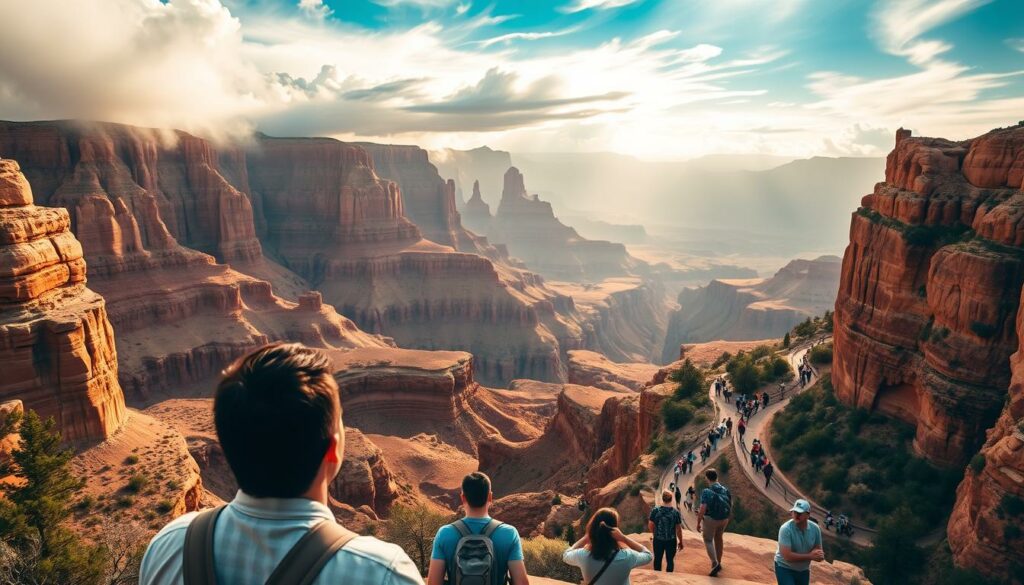 A vast, majestic canyon with towering red rock formations under a dramatic sky. In the foreground, a group of tourists gazing in awe, taking in the breathtaking panorama. Midground features hiking trails winding through the landscape, with visitors exploring the natural wonder. The background showcases the grandeur of the Grand Canyon, its vast scale and timeless beauty. Diffused sunlight filters through wispy clouds, casting a warm, golden glow over the entire scene. Captured with a wide-angle lens to emphasize the scale and immersive experience of this iconic American natural landmark.