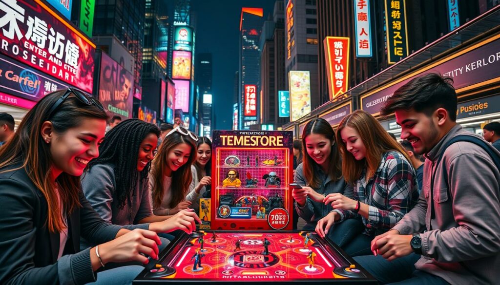 A vibrant and captivating scene of a cultural phenomenon surrounding a popular dexterity game. In the foreground, a group of young, stylishly dressed individuals engrossed in playing the game, their expressions animated with excitement and friendly competition. The middle ground showcases an array of the game's merchandise, including collectible figurines, accessories, and branded apparel, all prominently displayed against a backdrop of neon-lit signage and vibrant colors. In the background, a bustling urban setting with towering skyscrapers and a lively nightlife atmosphere, conveying the sense of a global, trendy craze. Dramatic lighting, with warm hues and dramatic shadows, creates a visually captivating and immersive scene that captures the essence of the cultural hype surrounding this sought-after game.