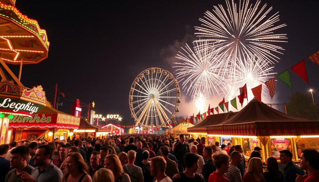 A vibrant and lively scene of the Rheinkirmes festival in Düsseldorf, Germany in the year 2025. In the foreground, a bustling crowd of revelers enjoy the thrilling rides and colorful games of chance, their expressions filled with excitement and joy. The middle ground features the iconic ferris wheel, its towering silhouette casting a gentle glow over the festivities. In the background, a magnificent display of fireworks explodes in the night sky, casting a warm and festive atmosphere over the entire scene. The lighting is a perfect balance of natural and artificial, creating a captivating and immersive experience. The overall mood is one of celebration, tradition, and community, capturing the essence of the Düsseldorfer Kirmes in all its vibrant glory.