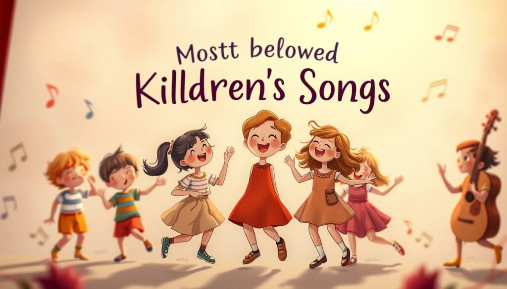 A vibrant and whimsical album cover showcasing the most beloved children's songs. In the foreground, a delightful illustration of children singing and dancing, their faces alight with joy. The middle ground features a soft, pastel-colored background, creating a dreamlike atmosphere. In the background, subtle musical notes and instruments float, adding to the playful and harmonious feel. The lighting is warm and inviting, casting a gentle glow over the entire scene. The composition is balanced and visually striking, drawing the viewer in and evoking a sense of nostalgia and childhood wonder.